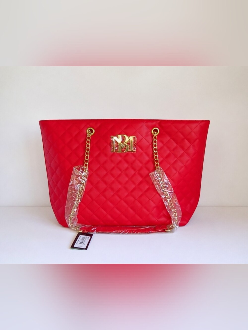 Badgley Mischka Red Quilted Tote Bag Gold Chain Strap Large Vegan Leather NWT